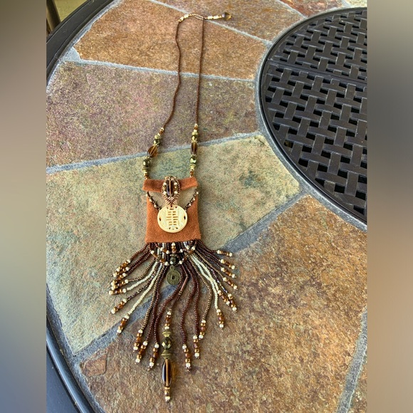 Native American Deerskin Leather Bead & Ivory  Fringed Pouch Bag Necklace - Picture 5 of 13